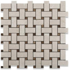 Crema Marfil Polished Marble Basketweave with Dark Emperador Dots