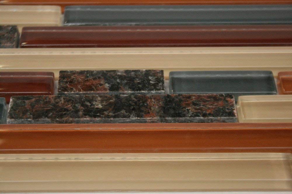 Random Brick Pattern Glass Tile & Granite Tile; Color: Burgundy, Orange, Gray & Biege Glass Tile with Tan Brown Granite