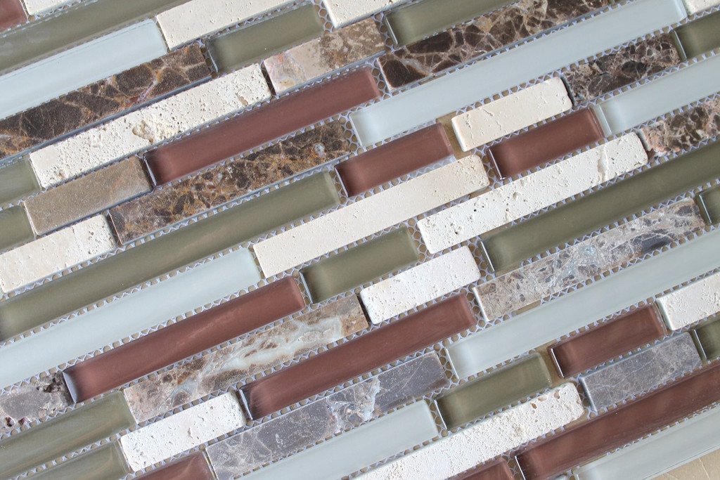 10 sq ft - Bliss Cabernet Stone and Glass Linear Mosaic Wall Tiles - Kitchen Backsplash/Tub Surround