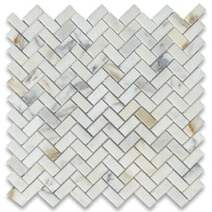 Tenedos Calacatta Gold Marble Mini Herringbone Mosaic Floor and Wall Tile Polished for Kitchen Backsplash| Bathroom Shower| Fireplace Surround