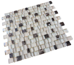 Glossy and Matte Off White with Dark Emperador Random Brick Cubes Pattern Glass Mosaic Tiles for Bathroom and Kitchen Walls Kitchen Backsplashes - (Tenedos)