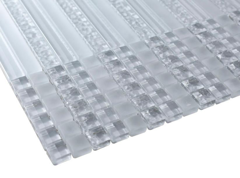 White Glossy Stripes and Square Mixed Glass Mosaic Tiles