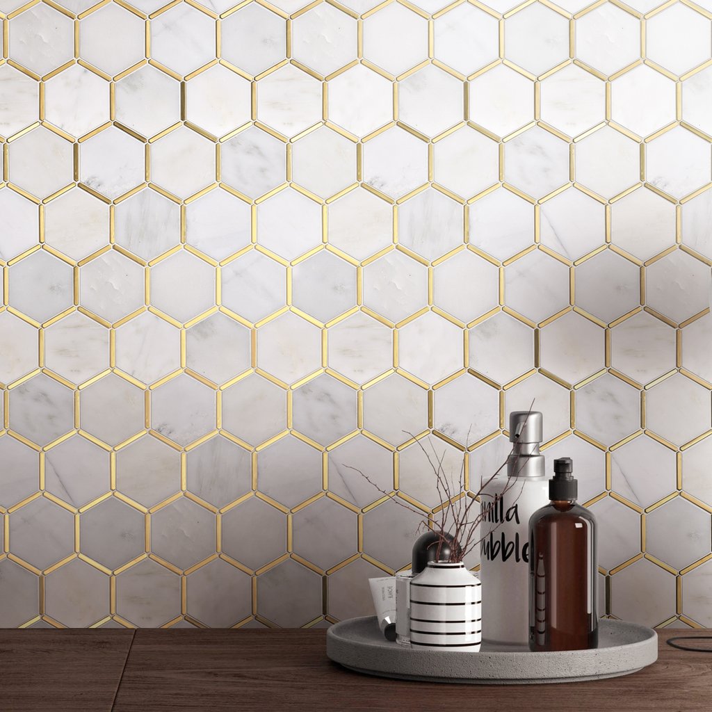 Tenedos Carrara White Marble 3 inch Hexagon Mosaic Floor Wall Tile with Gold Metal Stainless Steel Polished for Kitchen Backsplash Bathroom Shower Entryway Corrido Spa