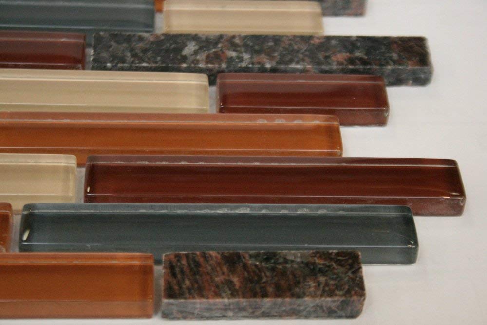 Random Brick Pattern Glass Tile & Granite Tile; Color: Burgundy, Orange, Gray & Biege Glass Tile with Tan Brown Granite