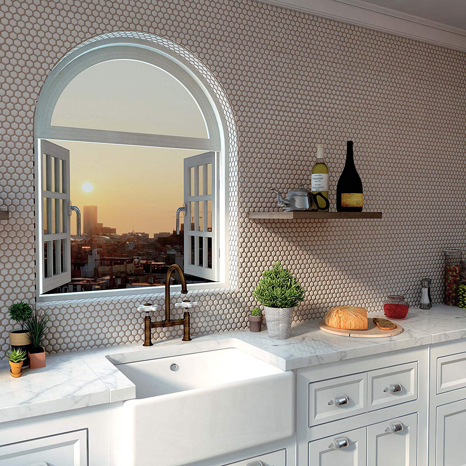 White 1" Hexagon Porcelain Mosaic Floor and Wall Tile on mesh Sheet for Kitchen Backsplash, Bathroom, Accent Wall