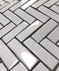 White Porcelain 1X3 Herringbone Gloss Finish Mosaic Tile (Box of 10 Sheets) for Wall, Backsplash Tile, Bathroom Tile on 12x12 Mesh for Easy Installation