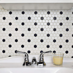 Retro Hex Porcelain Floor and Wall Tile, 10.25" x 11.75", Matte White with Black Dot