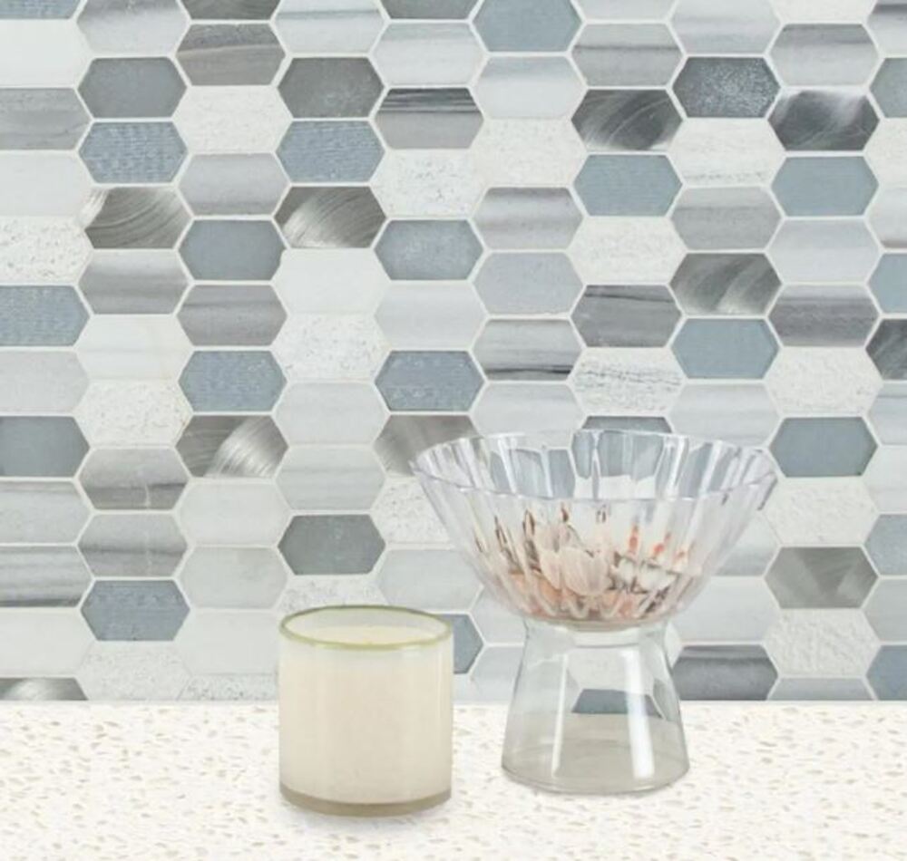 Elongated Hexagon White Grey Silver Multi Textured Glass Stone Metal Mosaic Wall Tile for Kitchen Backsplash, Wall Tile for Bathroom, Shower Wall Tile, Accent Wall