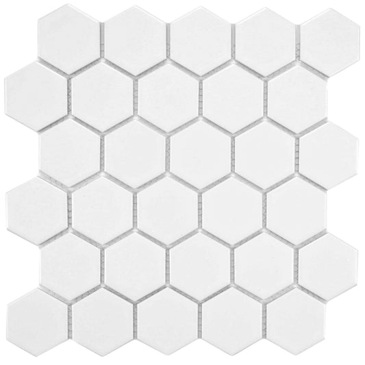 USCT White 2 inch Hexagon Porcelain Mosaic Wall Tile for Kitchen Backsplash, Bathroom Shower, Accent Wall-  10pcs/carton (10 sq ft)