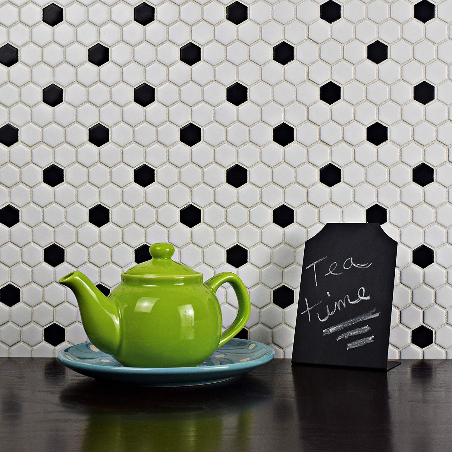 Retro Hex Porcelain Floor and Wall Tile, 10.25" x 11.75", Matte White with Black Dot