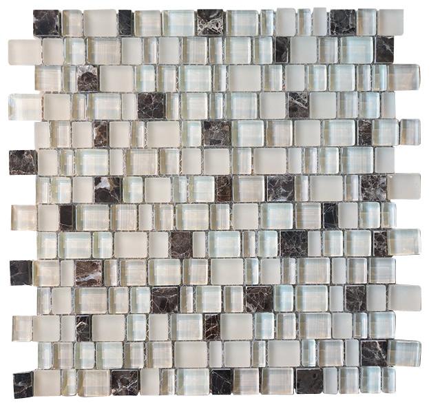 Glossy and Matte Off White with Dark Emperador Random Brick Cubes Pattern Glass Mosaic Tiles for Bathroom and Kitchen Walls Kitchen Backsplashes - (Tenedos)