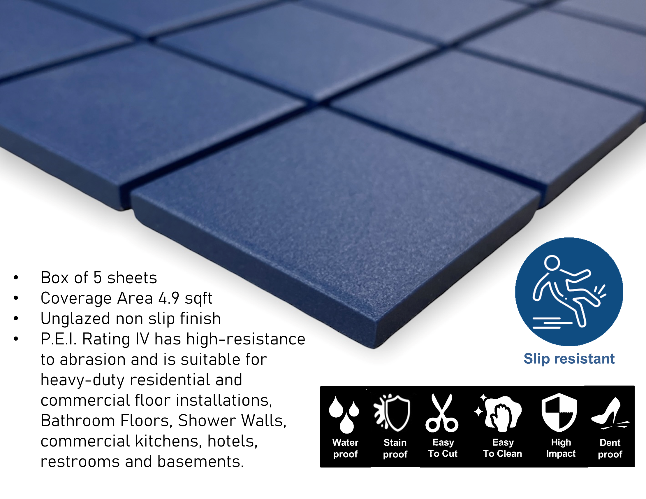 TDPW-UGRB2X2-401 Blue Jay Porcelain 1-7/8 Inch Square Unglazed Finish Mosaic Tile for Bathroom Floors, Walls, Kitchen Backsplash and Pool - (5 Pack Set - 5 Sheets)