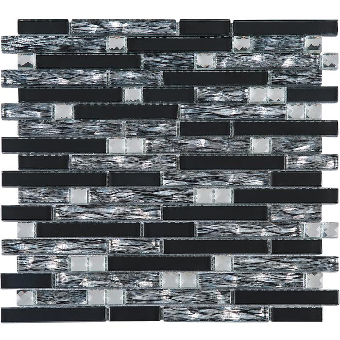 Tenedos Newport Black Suede Waterfall 12x12 Mesh-Mounted Glass Mosaic Wall Tile