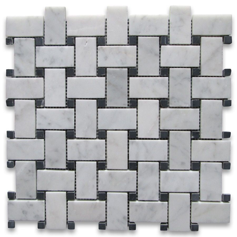 Carrara White Italian Carrera Marble Basket weave Mosaic Floor Wall Tile Black Dots 1x2 Honed