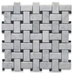 Carrara White Italian Carrera Marble Basket weave Mosaic Floor Wall Tile Black Dots 1x2 Honed