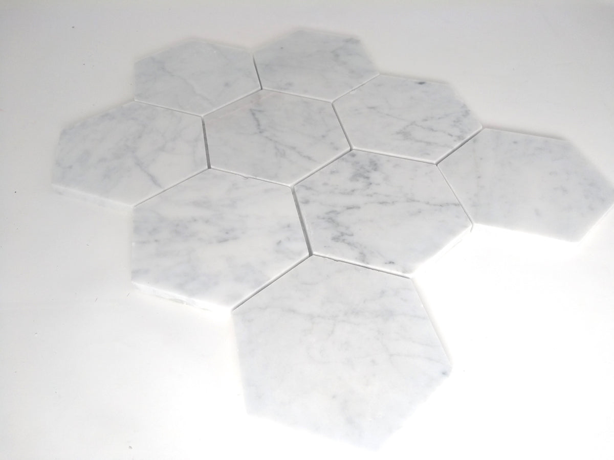 Carrara White Marble 4 inch Hexagon Mosaic Wall Floor Tile Honed for Kitchen Backsplash Bathroom Flooring Shower Surround Dining Room Entryway Corrido Spa