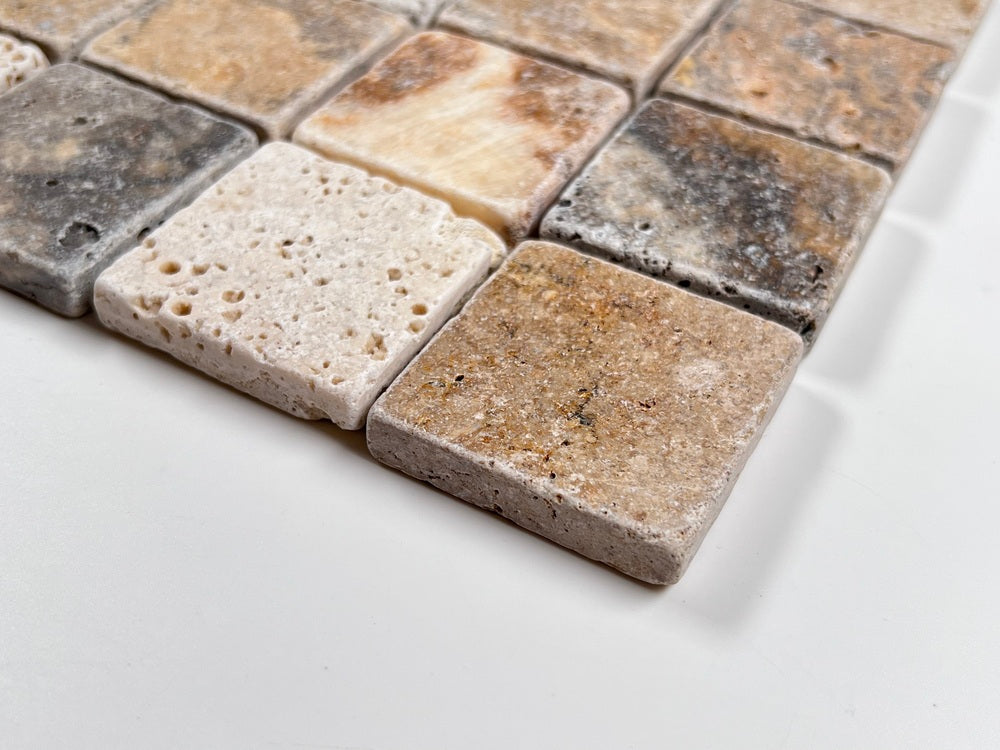 Tenedos Scabos Square 2x2 Tumbled Travertine Mosaic Floor and Wall Tile for Kitchen Backsplash, Swimming Pool Tile, Bathroom Shower, Accent decor, Fireplace Surrounds