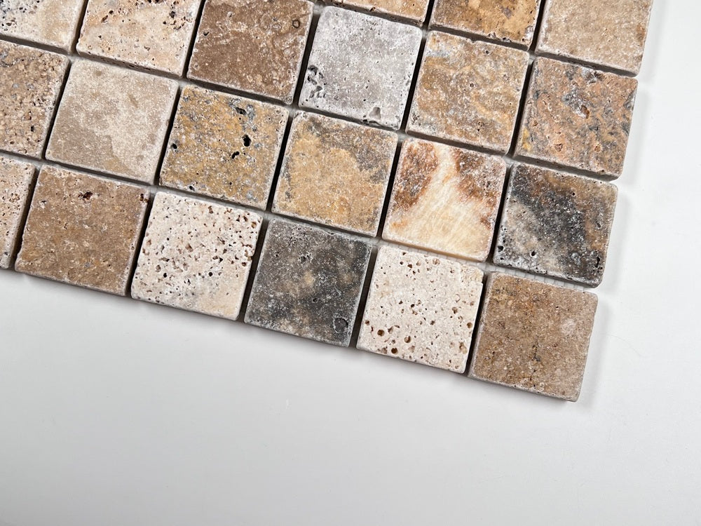 Tenedos Scabos Square 2x2 Tumbled Travertine Mosaic Floor and Wall Tile for Kitchen Backsplash, Swimming Pool Tile, Bathroom Shower, Accent decor, Fireplace Surrounds