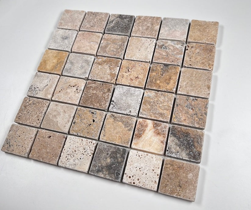 Tenedos Scabos Square 2x2 Tumbled Travertine Mosaic Floor and Wall Tile for Kitchen Backsplash, Swimming Pool Tile, Bathroom Shower, Accent decor, Fireplace Surrounds