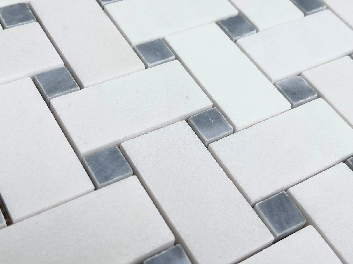 Thassos White Marble 1x2 Basketweave Mosaic Tile with Gray Marble Dots Polished for Floor and Wall