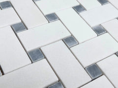 Thassos White Marble 1x2 Basketweave Mosaic Tile with Gray Marble Dots Polished for Floor and Wall