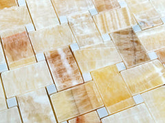 Honey Onyx with Thassos White Dots Marble Polished Premium Basketweave Mosaic Floor Wall ile