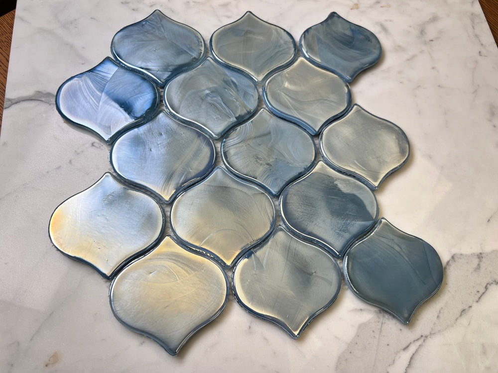 Blue Pearly Lantern Arabesque Glass Wall Tile for Bathroom Shower, Kitchen Backsplash, Fireplace Surround, Artistic Insets, Accent Wall