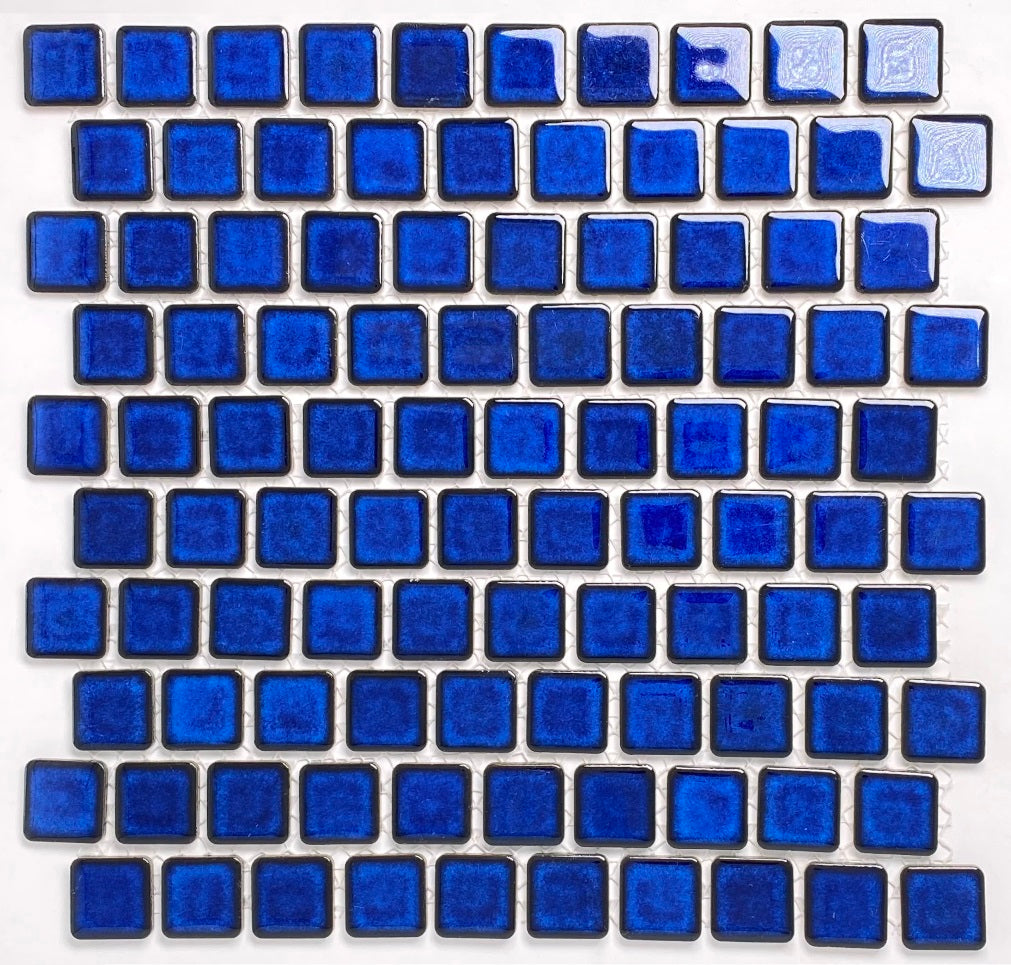 Tenedos Vogue 1-1/8" x 1-1/8" Cobalt Blue Brick Pattern Porcelain Mosaic Tile on Mesh on 12x12 sheet