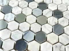 Modern Blue Grey and Carrara Hexagon 1 Inch Marble Polished Tile for Floor and Wall, Bathroom, Backsplash, Accent Wall