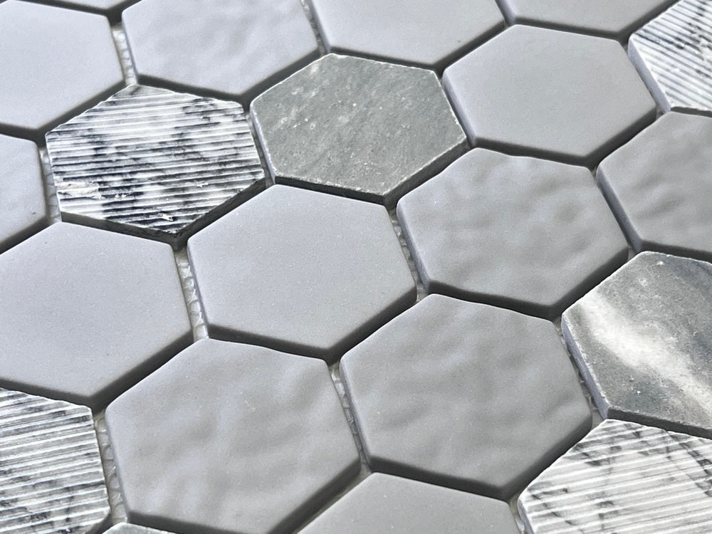 Multi Surface 2 in. Hexagon Bardiglio Gray Marble with Recycled Glass Mosaic Floor and Wall Tile for Backsplash Kitchen, Bathroom, Accent Wall