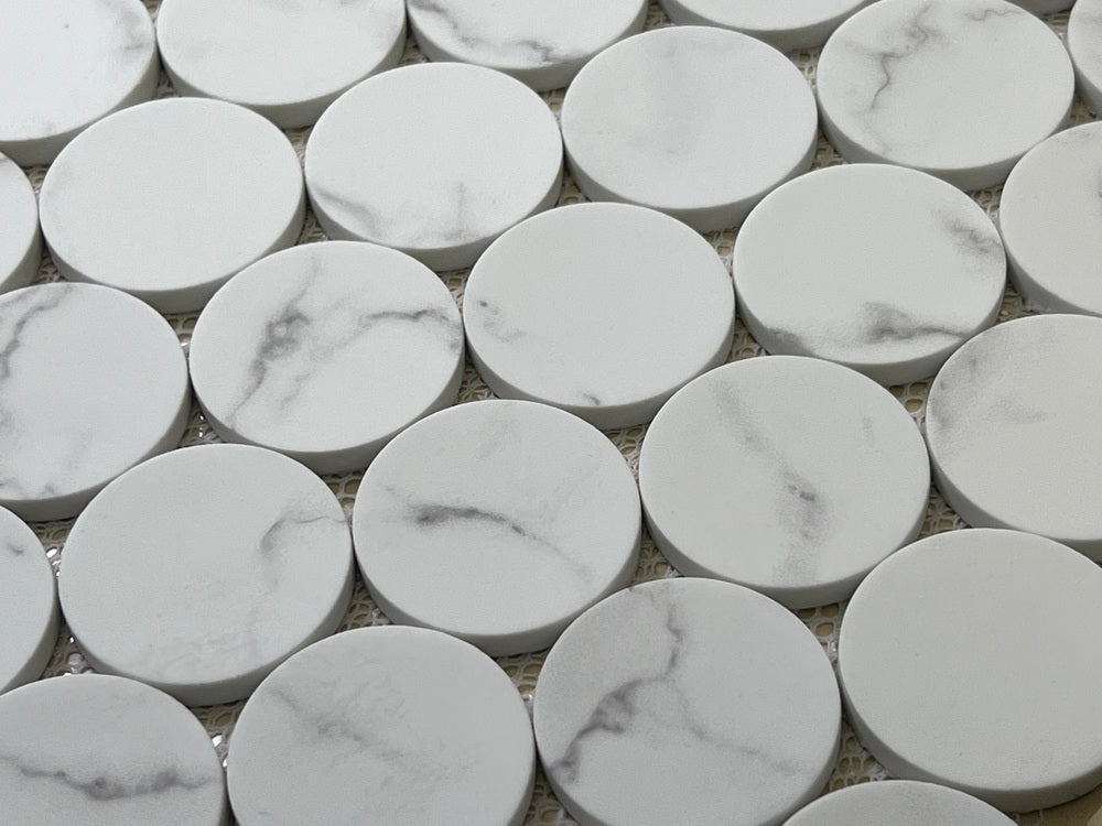 Tenedos White Carrara Look Bubble Circle Recycled Glass Matte Floor and Wall Mosaic Tile, Decor