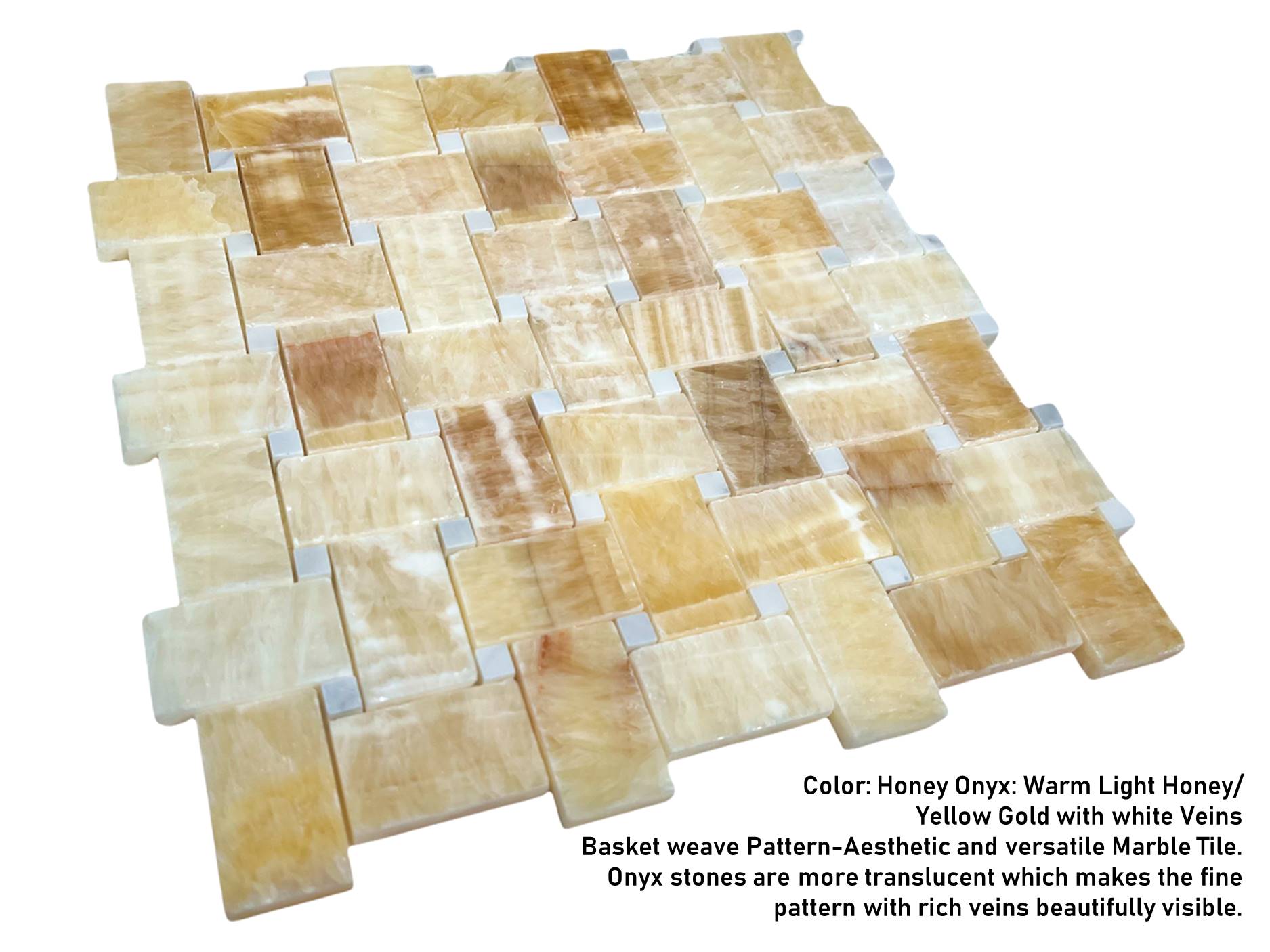 Honey Onyx with Thassos White Dots Marble Polished Premium Basketweave Mosaic Floor Wall ile