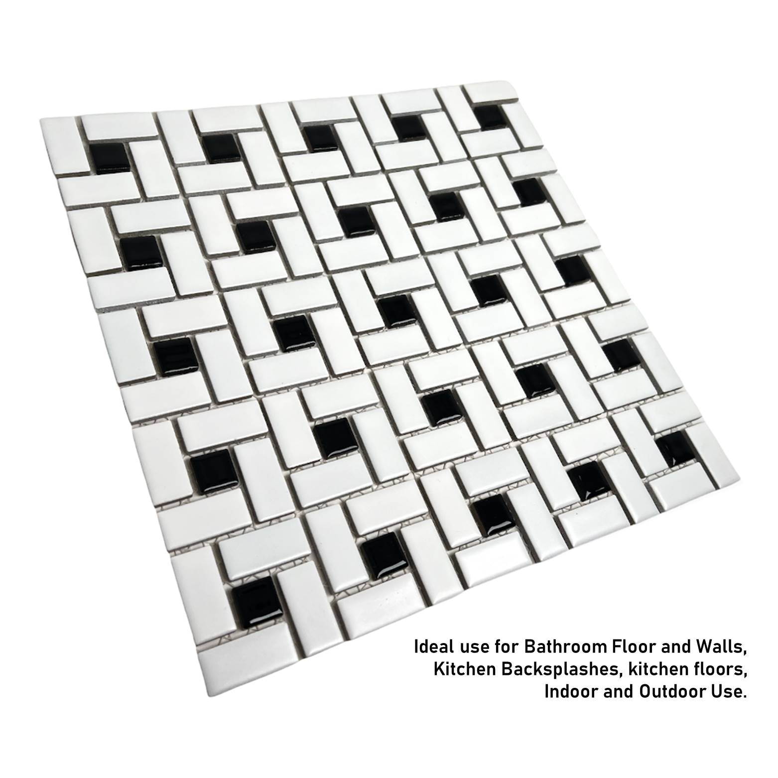 Spiral Pattern Porcelain Pinwheel Mosaic Floor Wall Tile Matte White w/Shiny Black Dots for Kitchen Backsplash, Bathroom Shower, Accent Wall