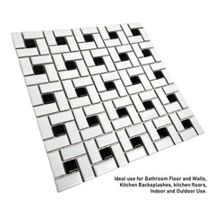 Spiral Pattern Porcelain Pinwheel Mosaic Floor Wall Tile Matte White w/Shiny Black Dots for Kitchen Backsplash, Bathroom Shower, Accent Wall