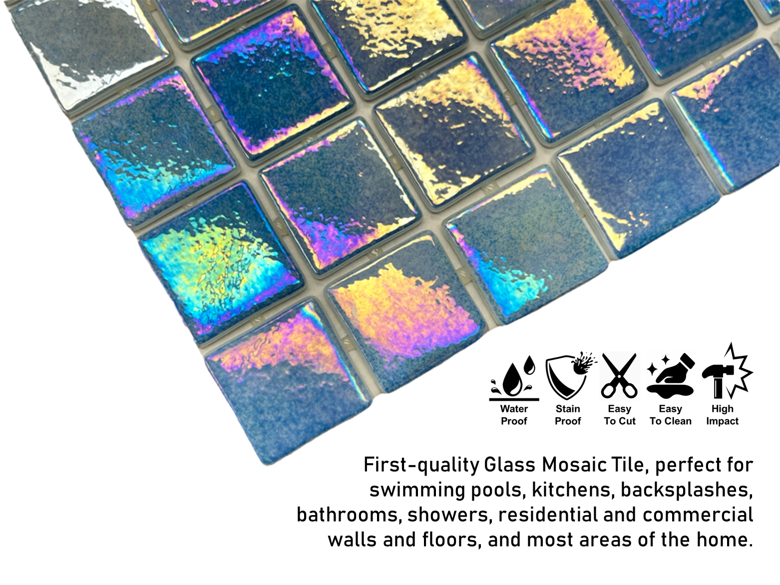Sea Blue  Square 1-1/2 Recycled Glass Wall Floor Pool Tile Backsplash for Kitchen, Pool Tile, Bathroom Shower, Accent Decor