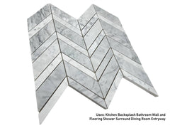 Tenedos Carrara Premium Marble Chevron Mosaic Tile Polished for Kitchen Backsplash Bathroom Wall and Flooring Shower Surround Dining Room Entryway