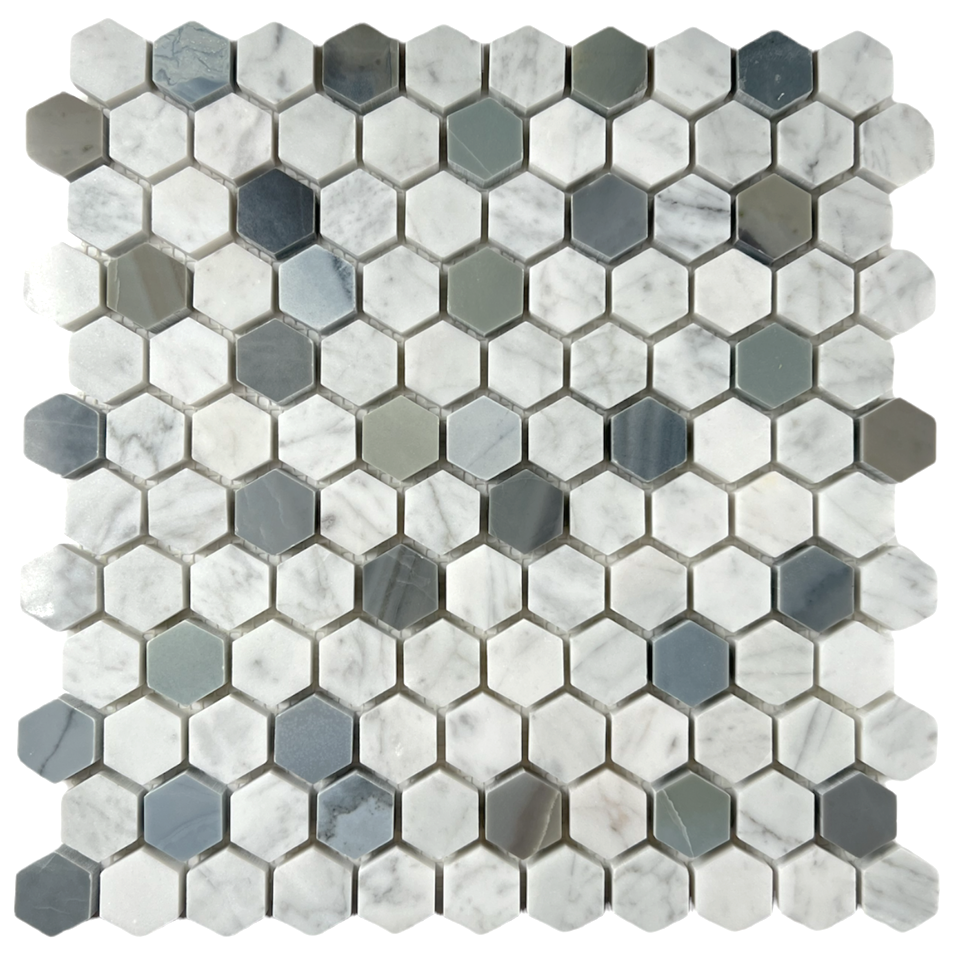 Tenedos Modern Blue Grey and Carrara Hexagon 1 Inch Marble Polished Tile for Floor and Wall