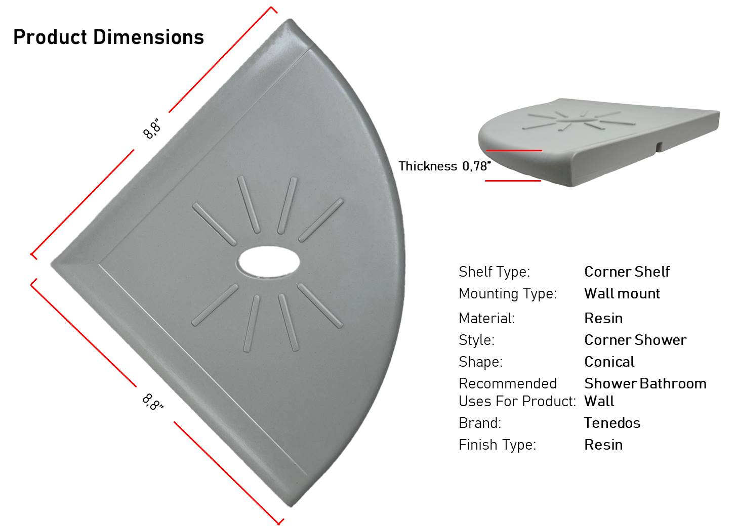 Tenedos Light Grey Resin Corner Bathroom Shower Shelf Flatback Wall Mounted