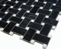 Tenedos Black Marble 1x2 Basketweave Mosaic Tile w/White Marble Dots Polished for Kitchen Backsplash Bathroom Flooring