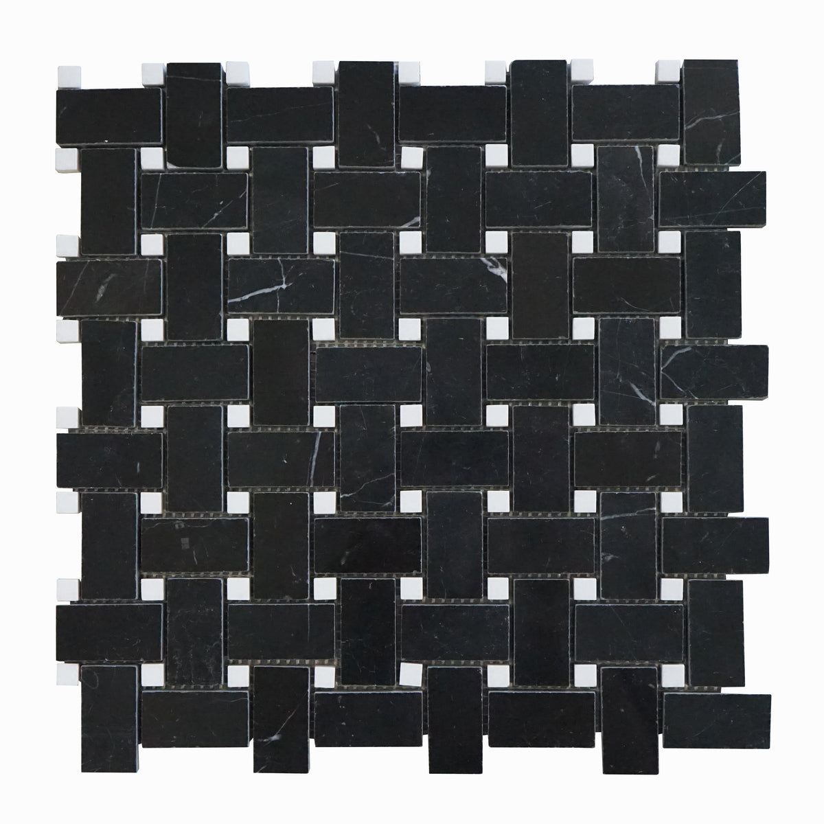 Tenedos Black Marble 1x2 Basketweave Mosaic Tile w/White Marble Dots Polished for Kitchen Backsplash Bathroom Flooring