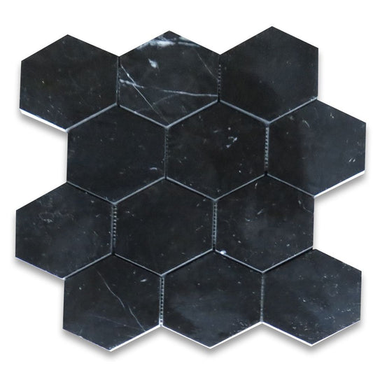 Nero Marquina Black Marble Hexagon Mosaic Floor Wall Tile 4 inch Polished