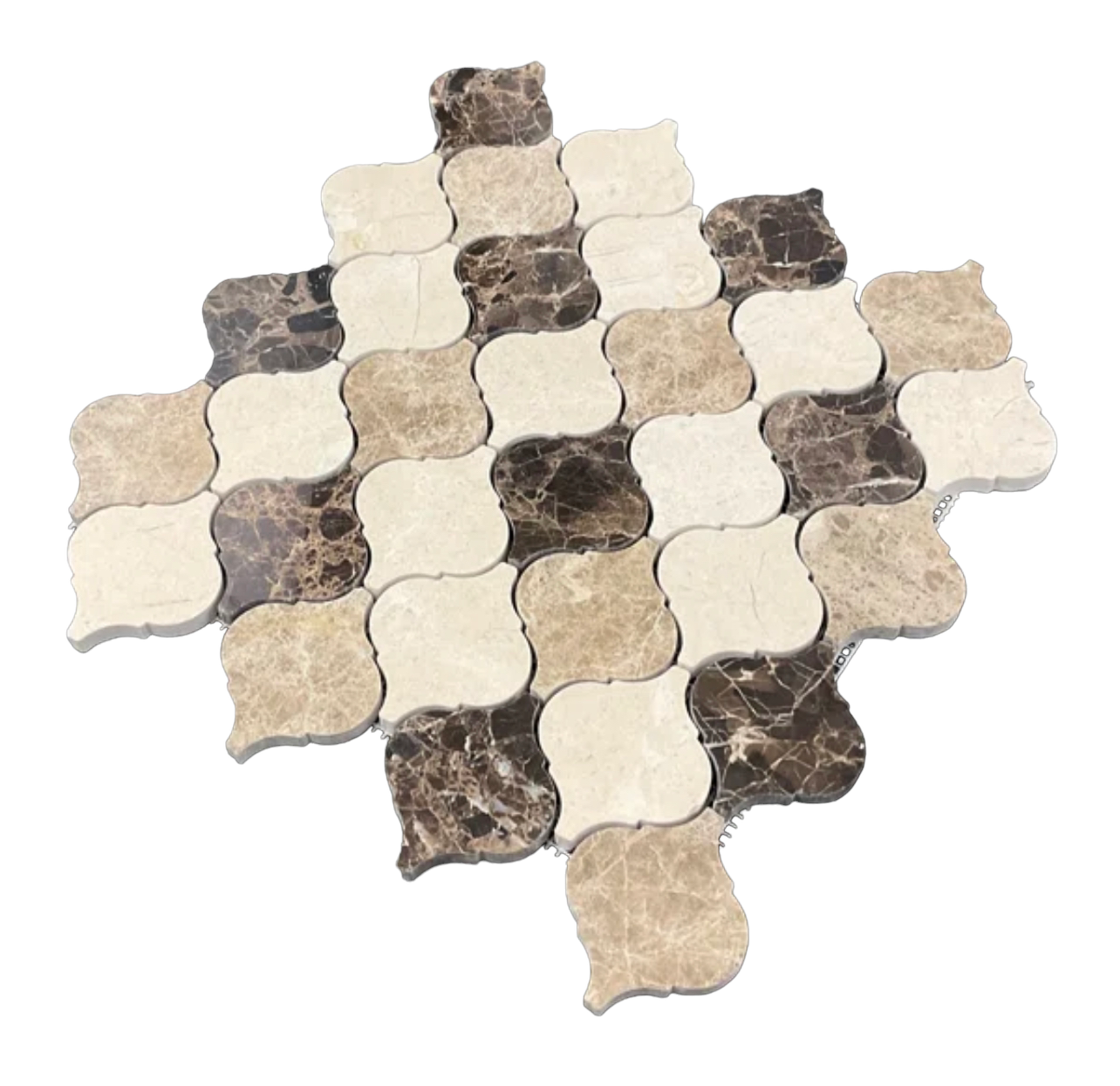 Mix Light and Dark Emperador and Crema Marfil 3 in. Arabesque Lantern Polished Marble Mosaic Floor and Wall Tile for Kitchen Backsplash, Fireplace Surround, Bathroom Wall