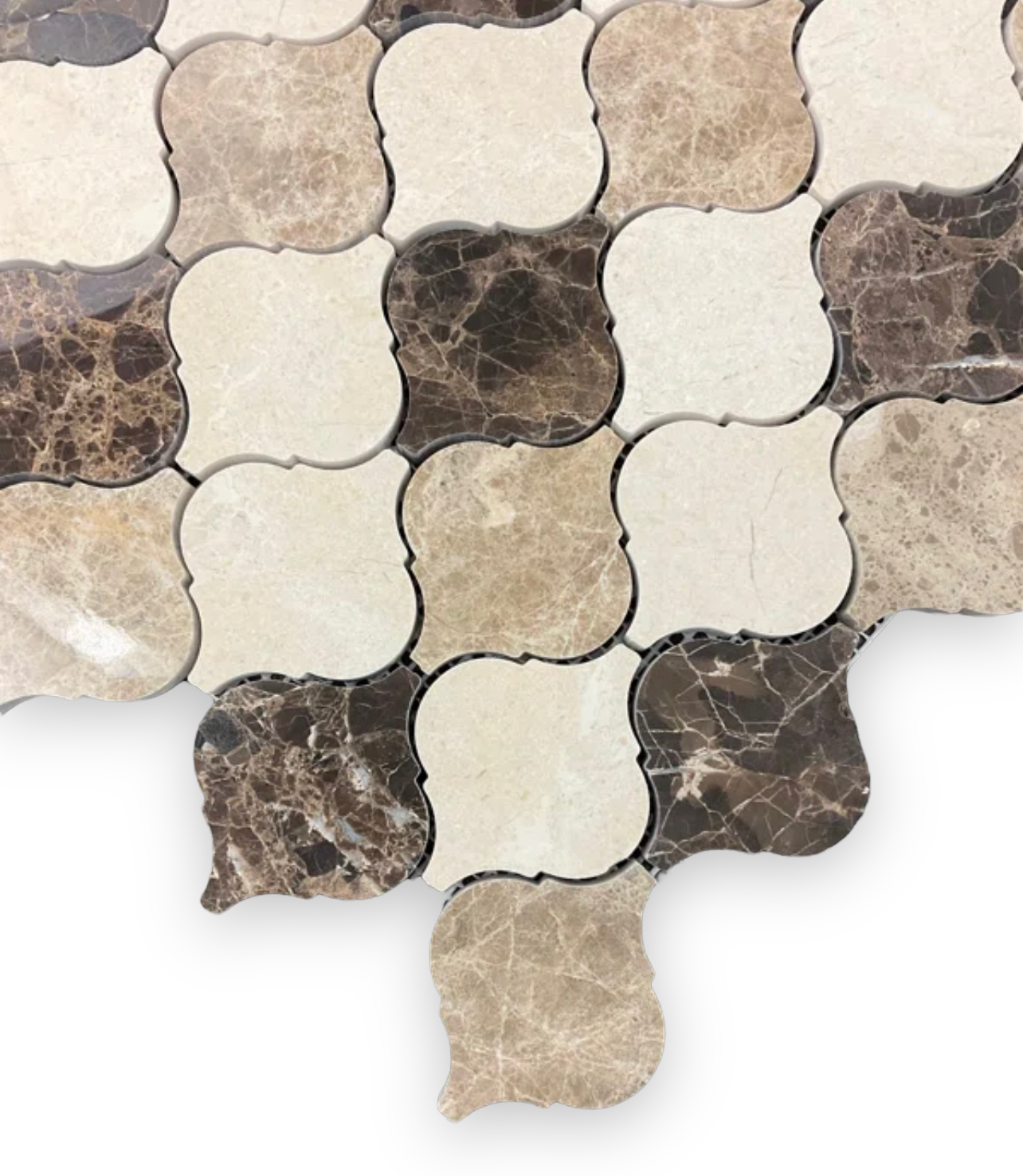 Mix Light and Dark Emperador and Crema Marfil 3 in. Arabesque Lantern Polished Marble Mosaic Floor and Wall Tile for Kitchen Backsplash, Fireplace Surround, Bathroom Wall