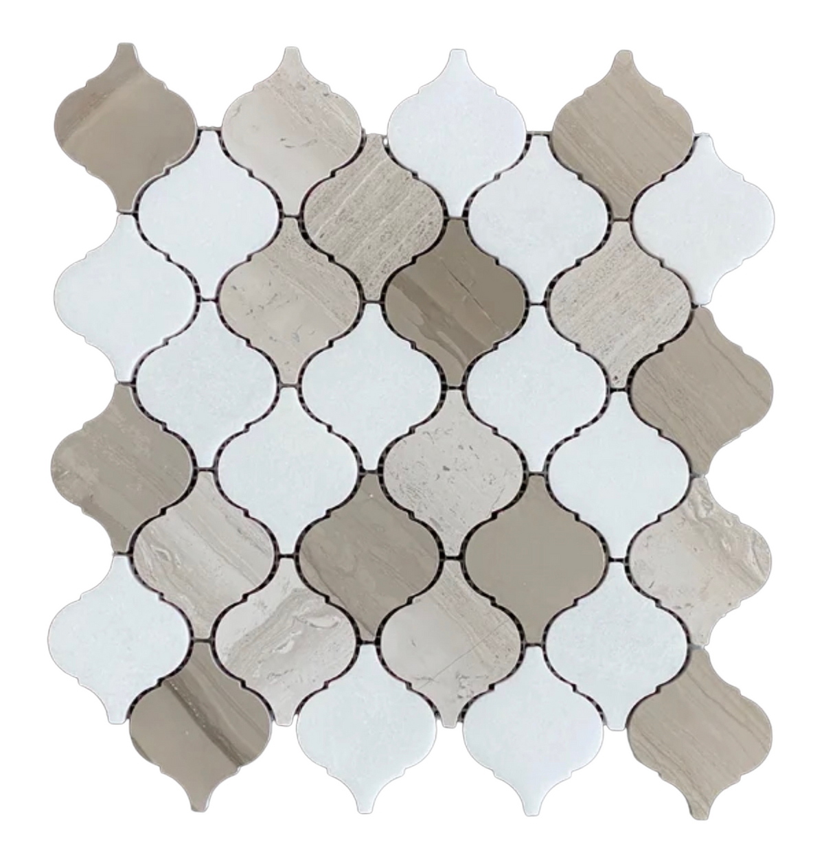 Tenedos Marbella White Thassos Oak Grey 3 in. Arabesque Lantern Polished Marble Floor Wall Tile