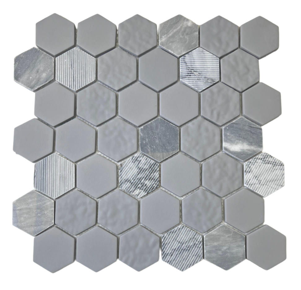 Multi Surface 2 in. Hexagon Bardiglio Gray Marble with Recycled Glass Mosaic Floor and Wall Tile for Backsplash Kitchen, Bathroom, Accent Wall