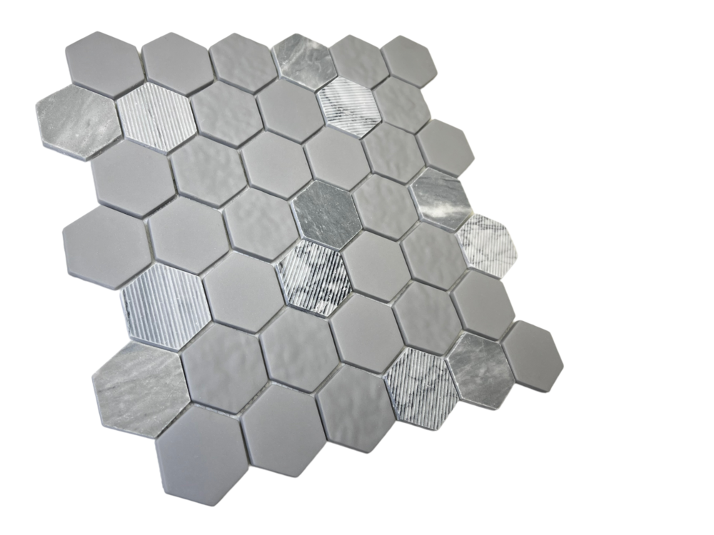 Multi Surface 2 in. Hexagon Bardiglio Gray Marble with Recycled Glass Mosaic Floor and Wall Tile for Backsplash Kitchen, Bathroom, Accent Wall