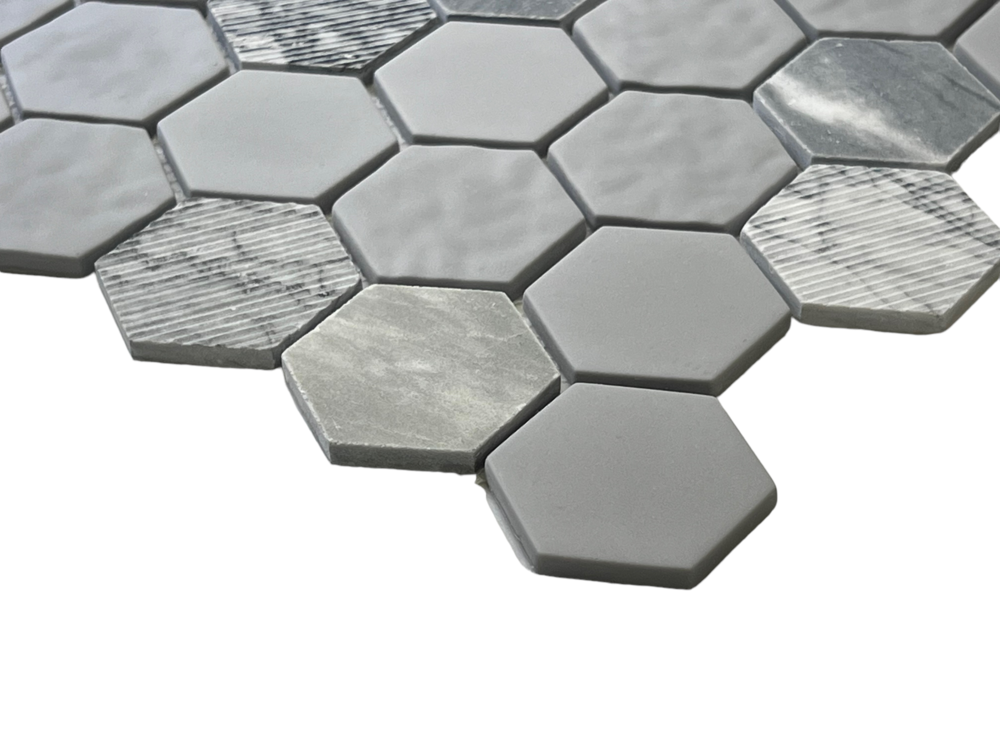 Multi Surface 2 in. Hexagon Bardiglio Gray Marble with Recycled Glass Mosaic Floor and Wall Tile for Backsplash Kitchen, Bathroom, Accent Wall