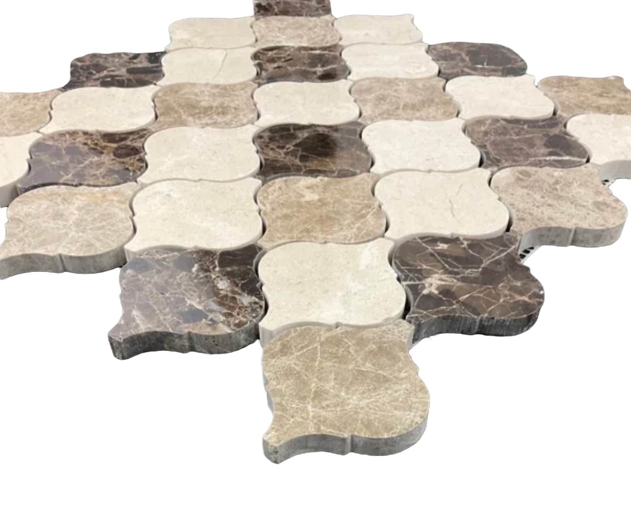 Mix Light and Dark Emperador and Crema Marfil 3 in. Arabesque Lantern Polished Marble Mosaic Floor and Wall Tile for Kitchen Backsplash, Fireplace Surround, Bathroom Wall