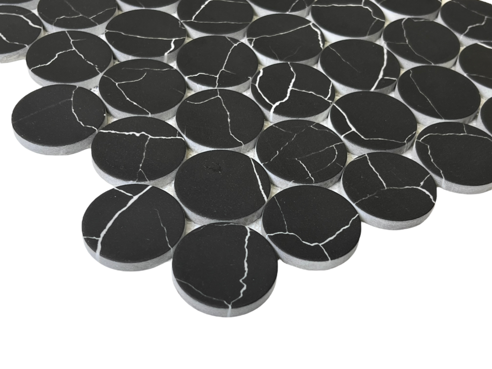 Nero Marquina Bubble Circle Recycled Glass Matte Floor and Wall Mosaic Tile for Backsplash Kitchen, Bathroom, Accent Wall