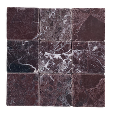 Rosso Levanto Burgundy Cherry Wine Color Rosa Marquina Marble 4x4 Inch Antique Tumbled Finish Floor Wall Tile for Fireplace Surround, Kitchen Backsplashes, Exterior Interior Tile, Coaster Handcraft